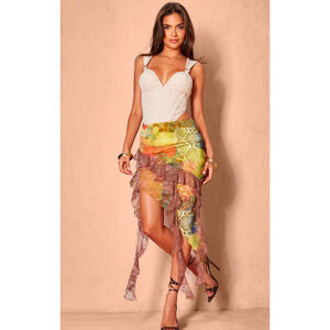 PrettyLittleThing Multi Renaissance Printed Lined Mesh Lace Midi Skirt Size 6